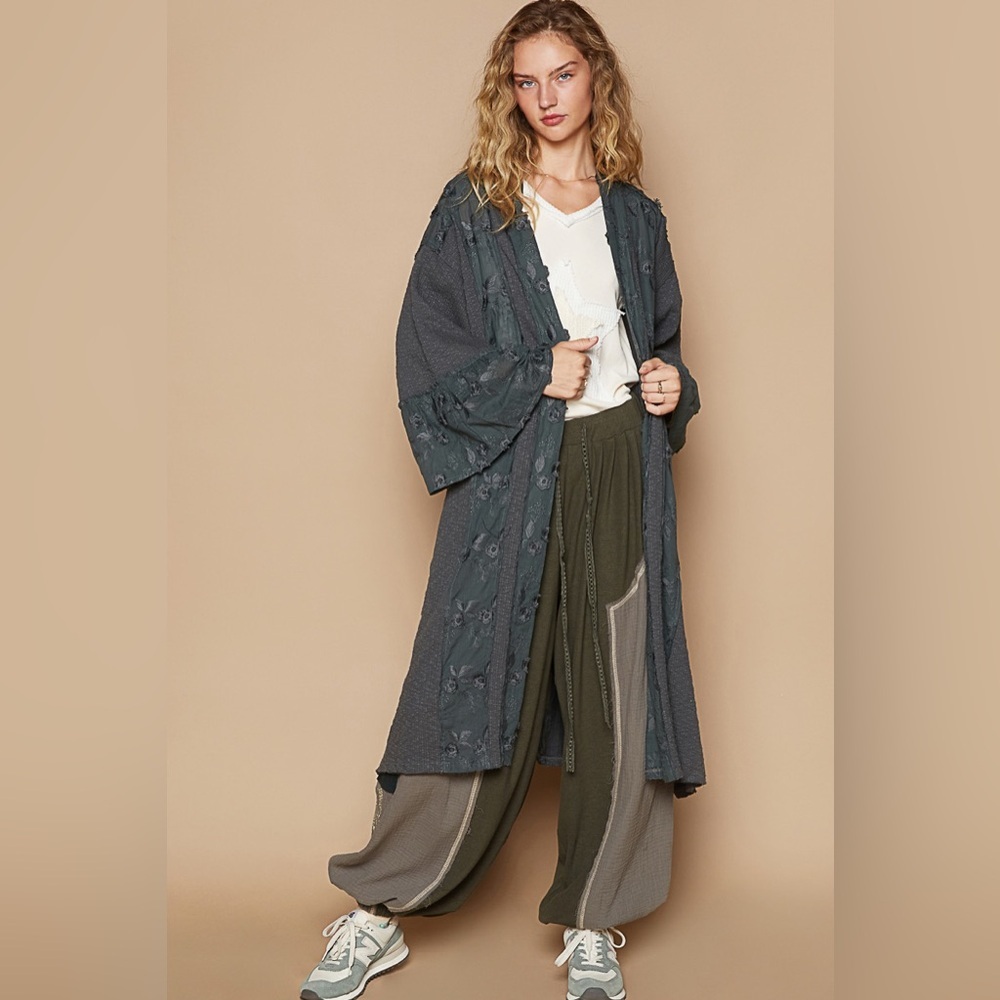 NEW POL Charcoal Green Patchwork Lace Long Duster Cardigan Boho Oversized - Picture 3 of 5